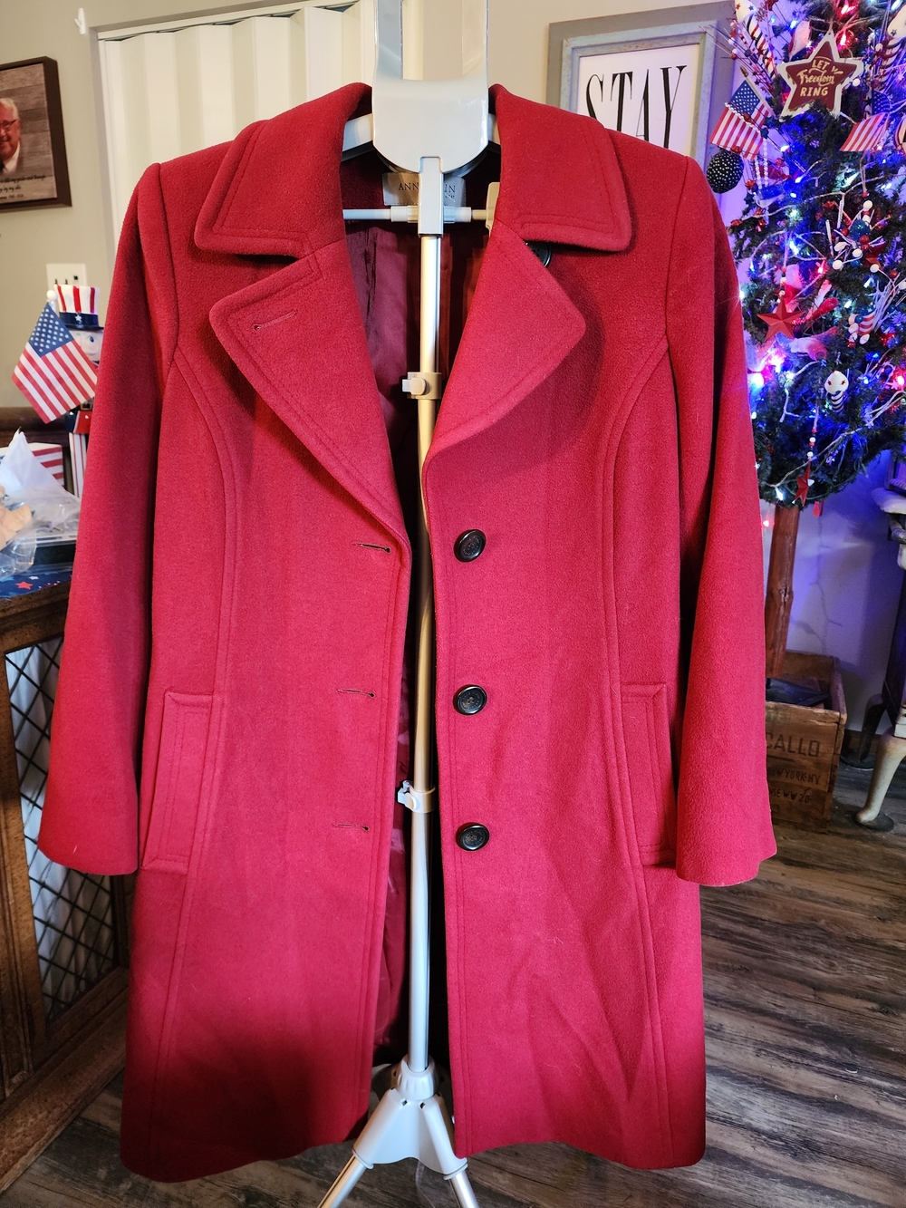 Anne Klein Crimson Red Wool Pea Coat with Notched Collar